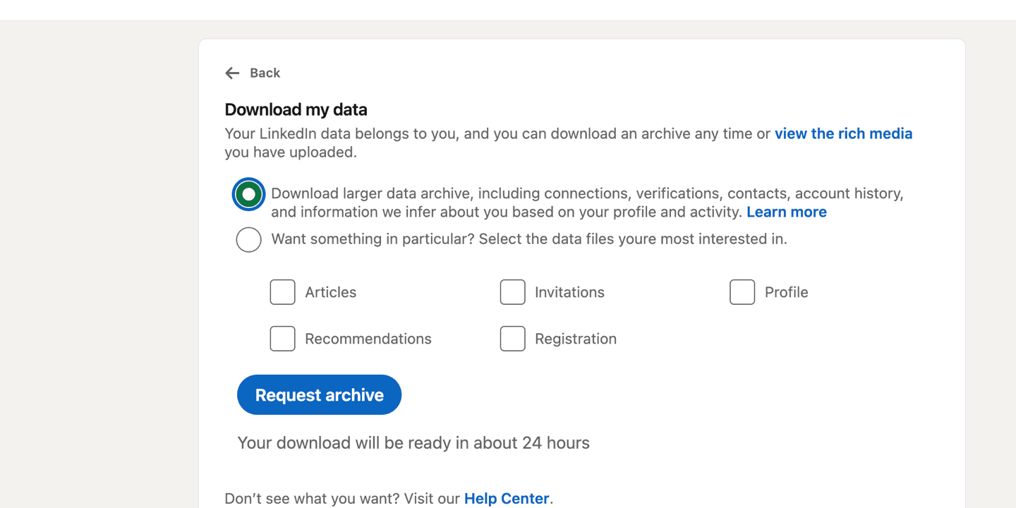 LinkedIn Download my data page with Download larger data archive selected and Request archive button visible