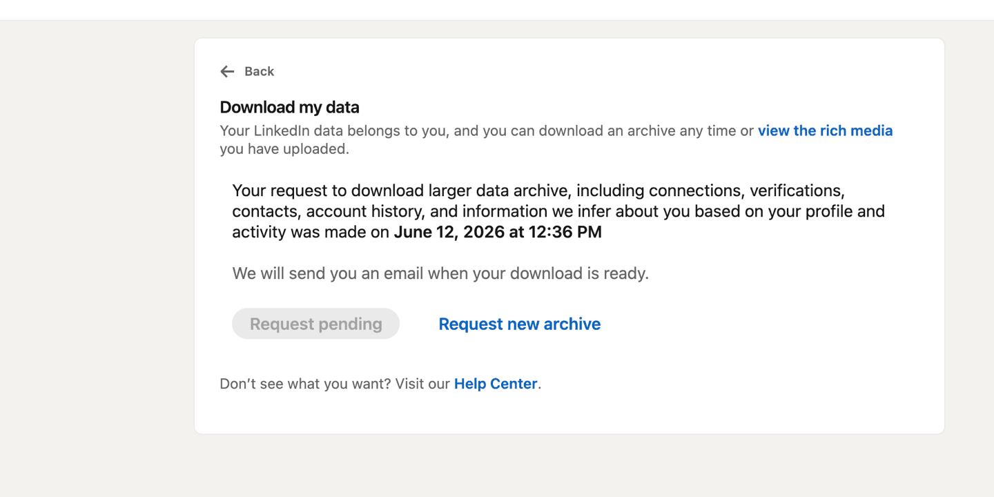 LinkedIn Download my data page showing a larger archive request pending