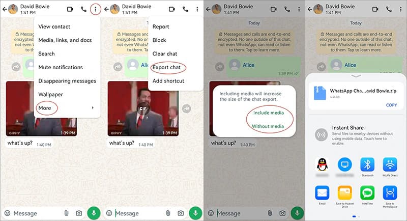 Android WhatsApp export flow showing More options, Export chat, Include media, Without media, and share sheet