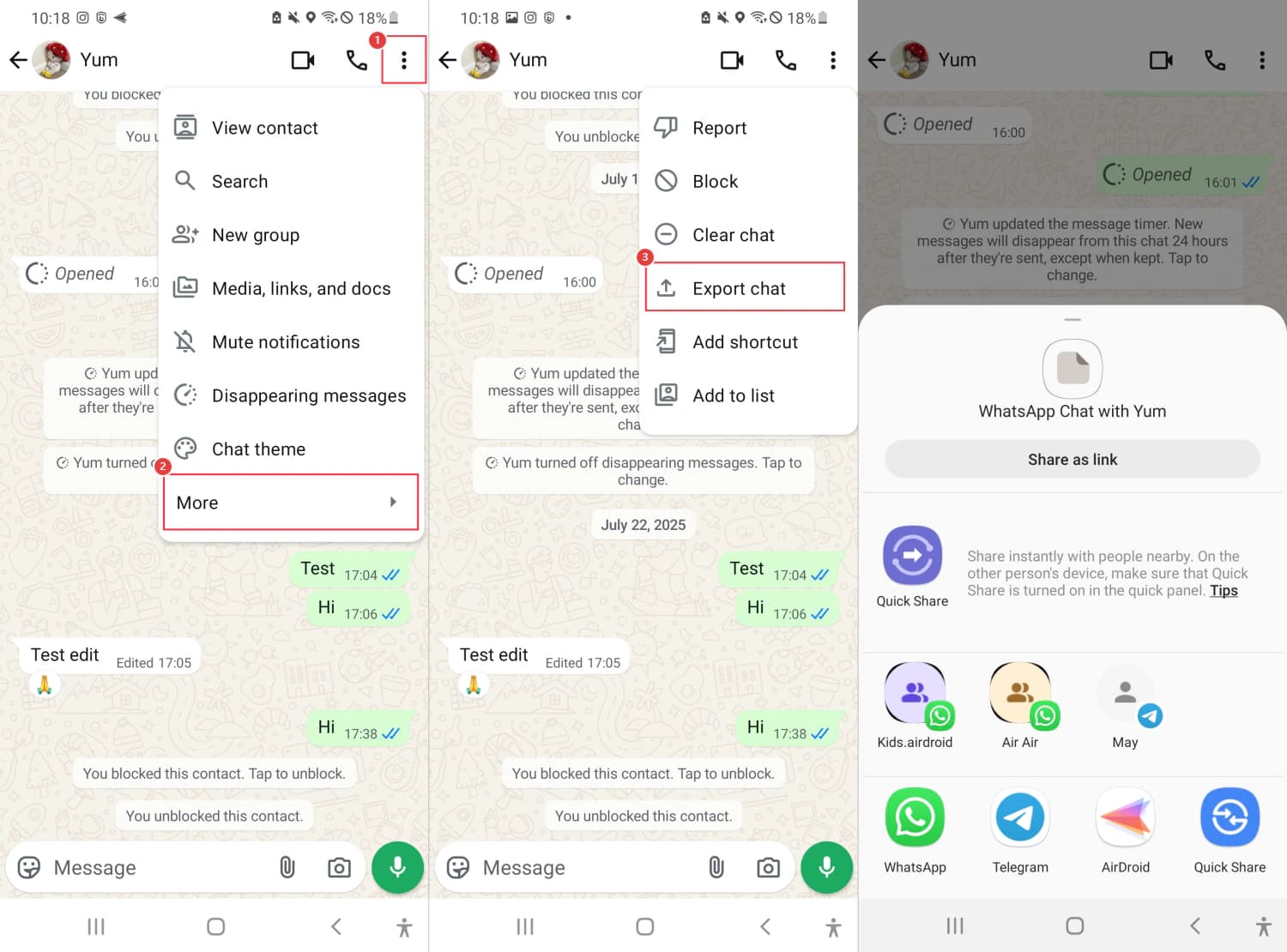 Android WhatsApp export flow ending at a share sheet with a WhatsApp chat ZIP ready to share