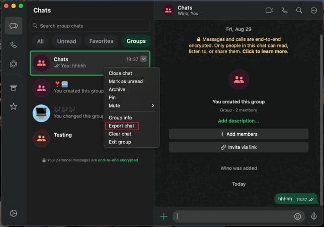 WhatsApp Desktop on Mac showing a chat context menu with Export chat highlighted
