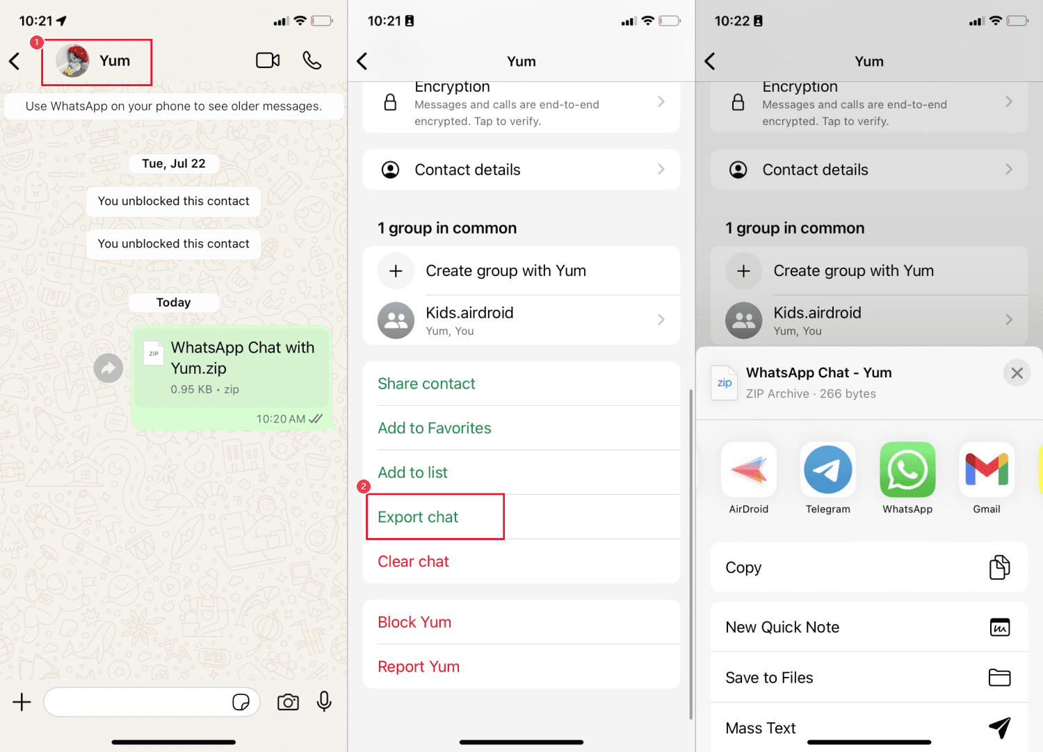 iPhone WhatsApp export flow showing the chat header, Export chat row, and iOS share sheet