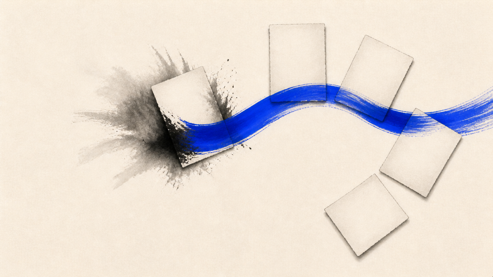 Loose documents resolve into one continuous cobalt path through an organized room