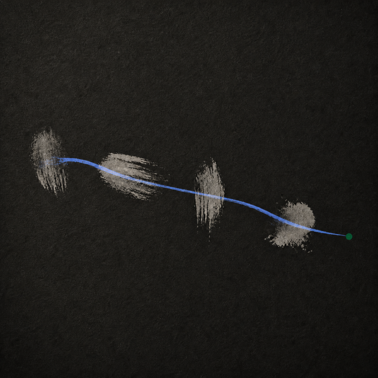 A continuous cobalt trace carries four past interactions into one live green point